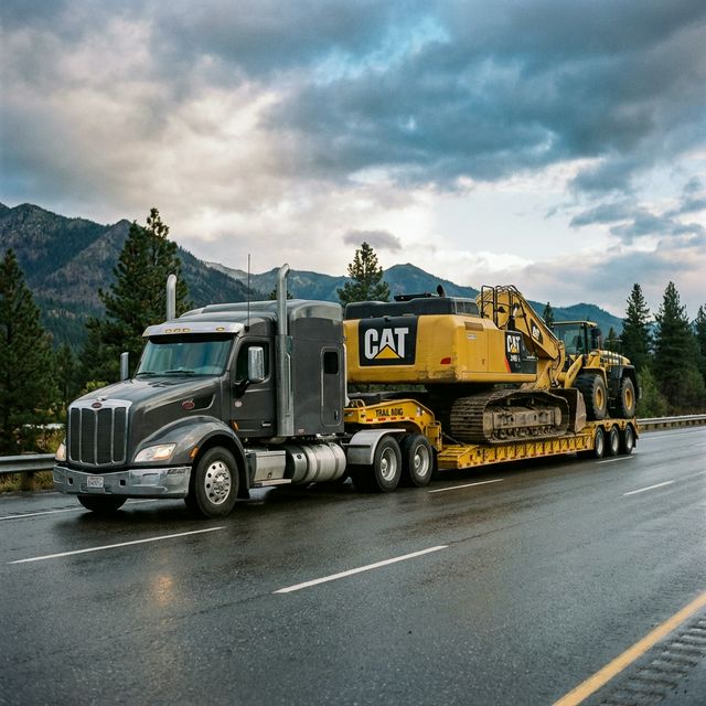Plataforma Lowboy cargando retroexcavadora